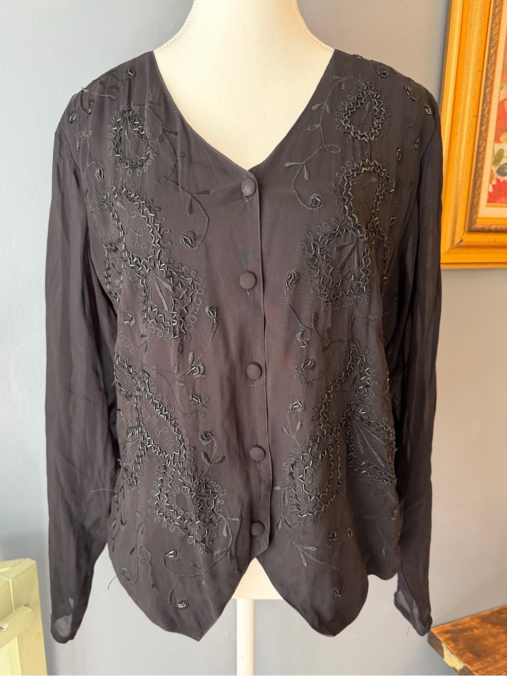 90s Black Embroidered Beaded Button-Front Women's Blouse with Sheer Sleeves